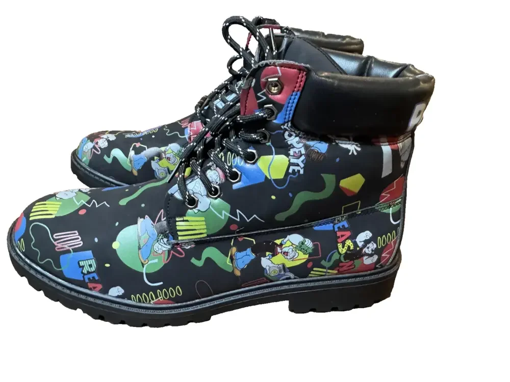 Reason Brand Boots Mens Size 11 Black Popeye Graphic Lug Sole Lace Up Ankle